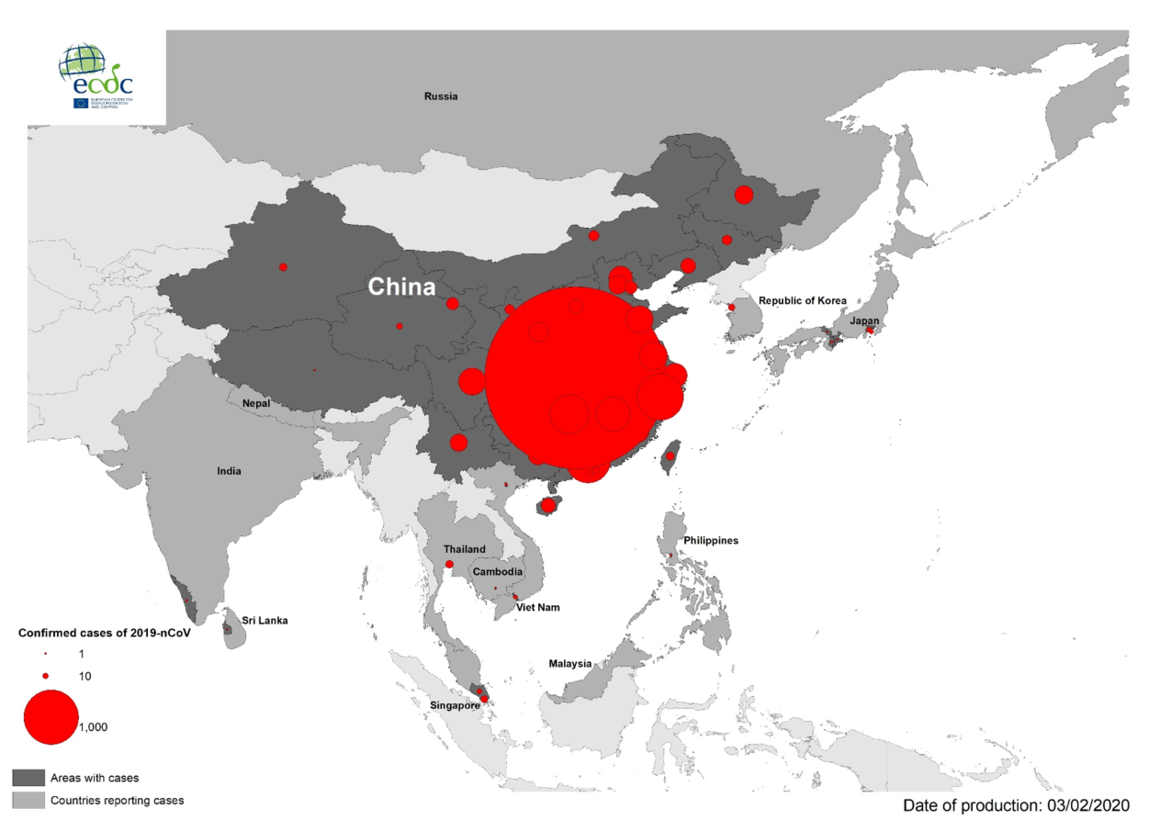 Geographical distribution of 2019-nCoV in Asia, as of 3 February 2020