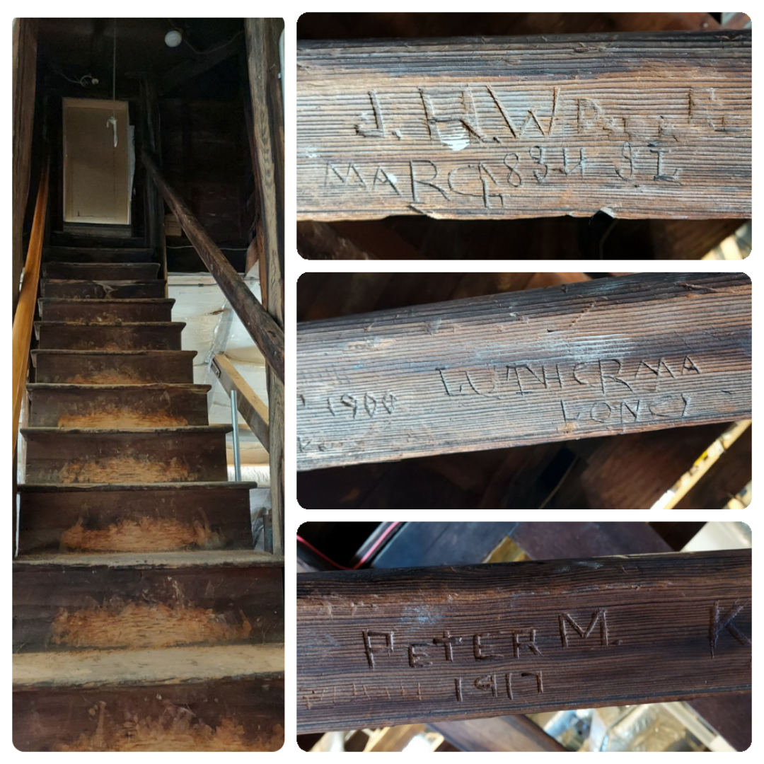 When climbing the attic stairs up to the small doorway leading to the roof and cupola of the New Castle County Court House Museum, the observant eye will experience the fun find of “Historic Graffiti.” Scrawled on the handrail are varied names and dates ranging from 1884 to 1957 (not all pictured here).