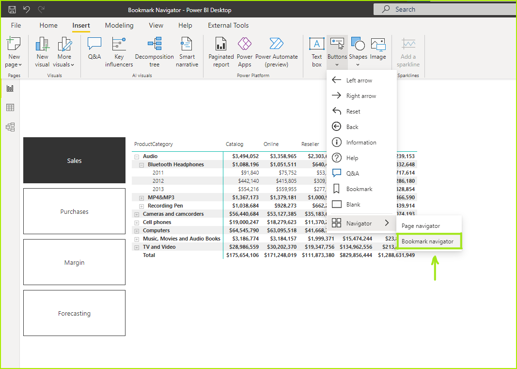 P3 Adaptive image showing Power BI Bookmark Navigator feature.