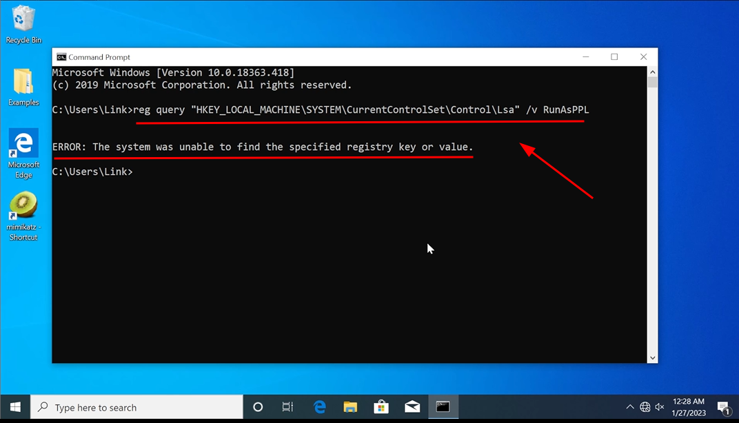 Command prompt error for credential dumping and lsa protection screenshot by White Oak Security.