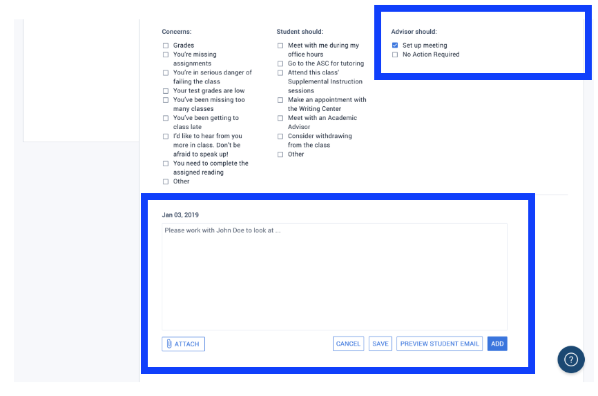 Select actions for the advisor to take and then supply additional context in the note before saving or adding the alert to the dashboard.