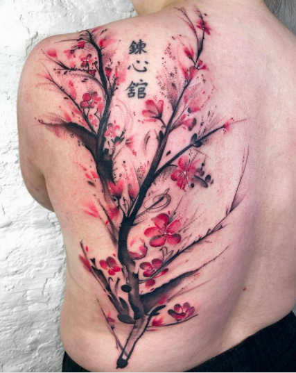 Cherry Blossom Watercolor Tattoo On Back