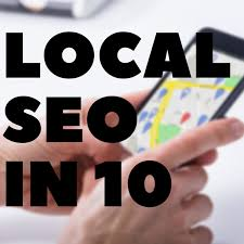 hands are holding a phone that is open on maps. Overlay text "Local SEO in 10"