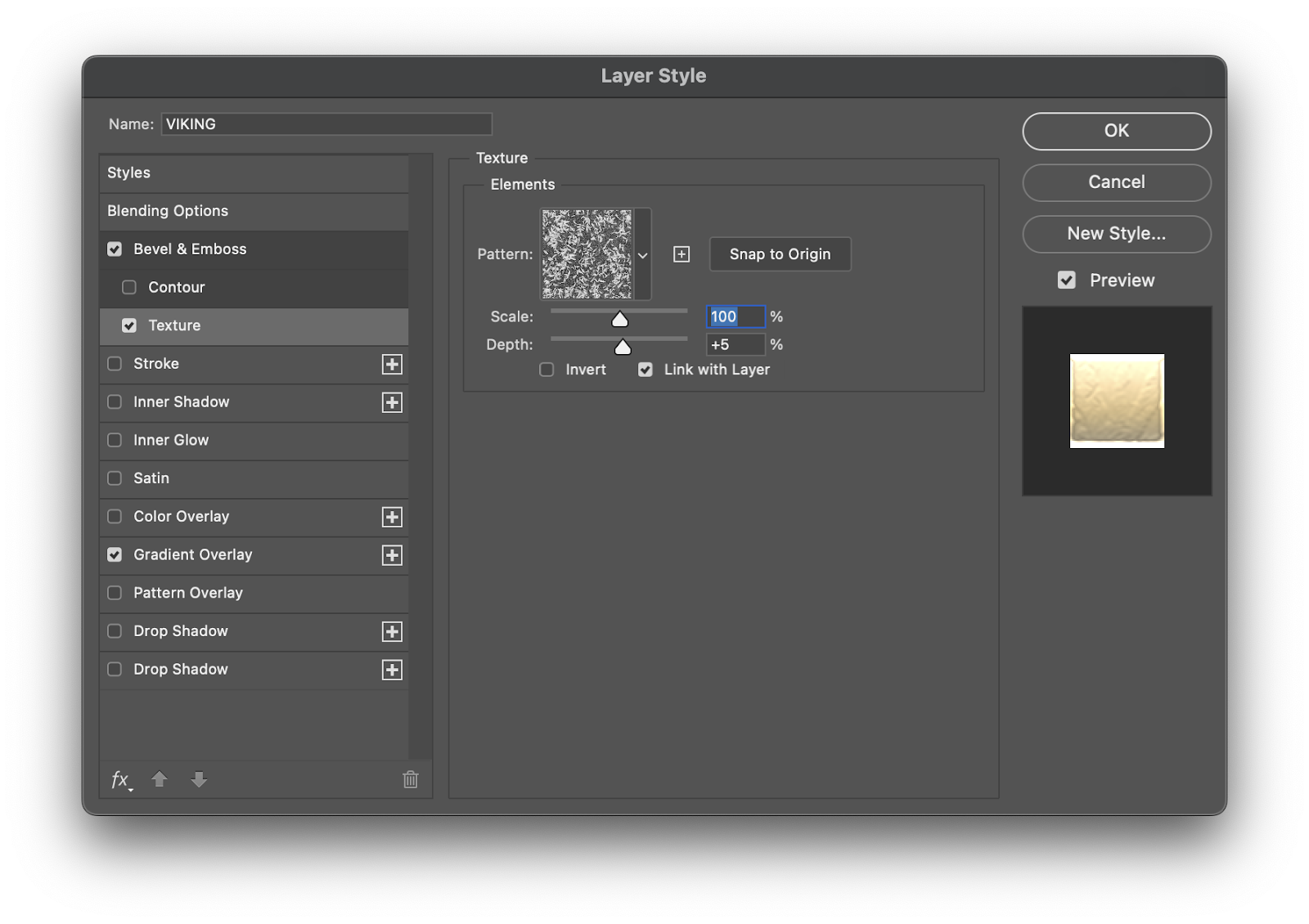 Image from the Photoshop Tutorial on how to create a simple and scalable gold effect with layer styles