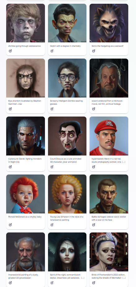 A gallery of user generated assets, including a hyper realistic Mario and a cyberpunk Geralt from The Witcher. 