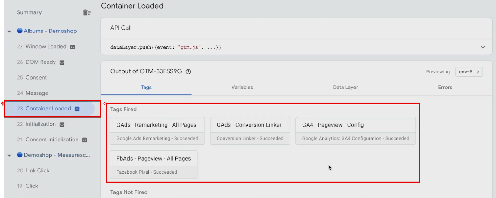 Analyzing fired Tags from the container loaded section of the GTM preview window