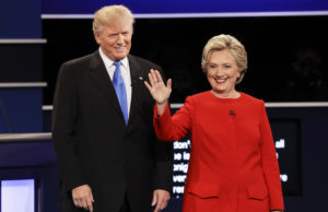 Copyright 2016 The Associated Press. All rights reserved. This material may not be published, broadcast, rewritten or redistributed without permission.  Mandatory Credit: Photo by John Locher/AP/REX/Shutterstock (6021024ag)  Republican presidential nominee Donald Trump and Democratic presidential nominee Hillary Clinton are introduced during the presidential debate at Hofstra University in Hempstead, N.Y  Presidential Debate, Hempstead, New York, USA - 26 Sep 2016