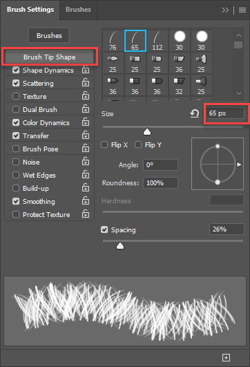 Shows to change the Size to 65 in the Brush Tip Shape tab