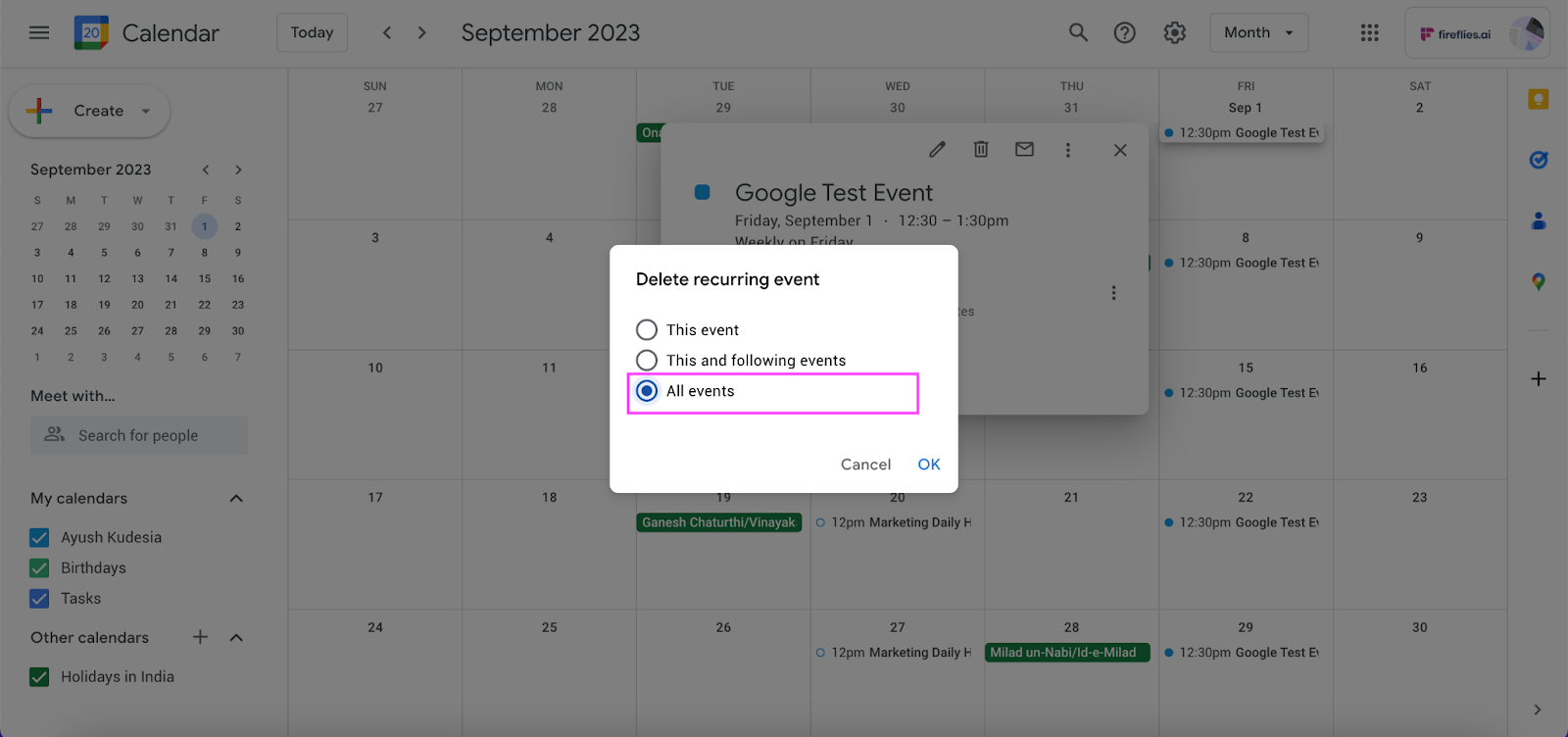 How to cancel Google Calendar event - Choose the events you want to delete