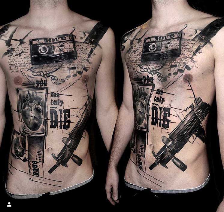 ลายสักหน้าท้อง trash polka