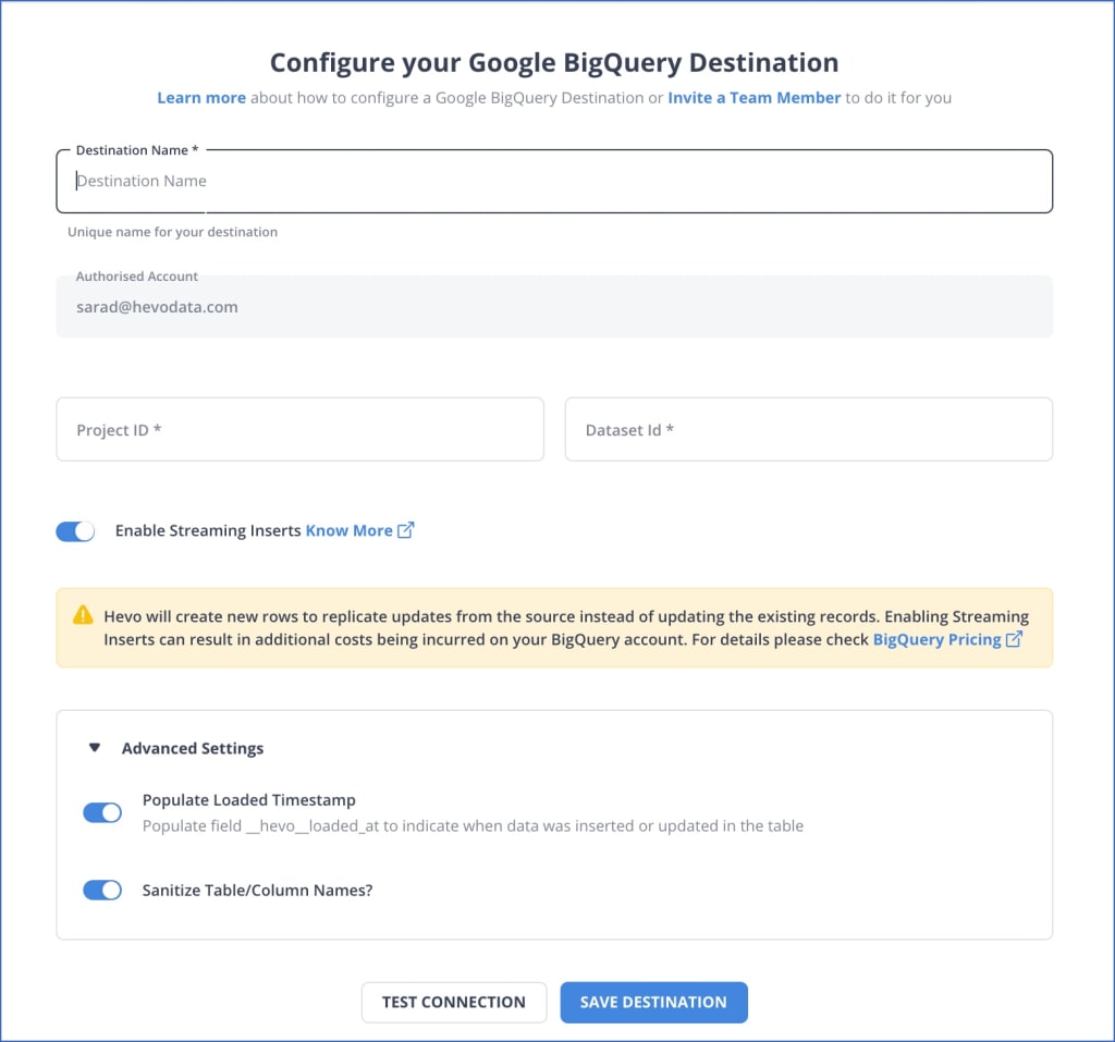 Shopify Webhook to BigQuery: Configure Google BigQuery as a Destination