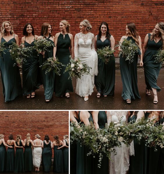 photo of bridal party with forest green theme