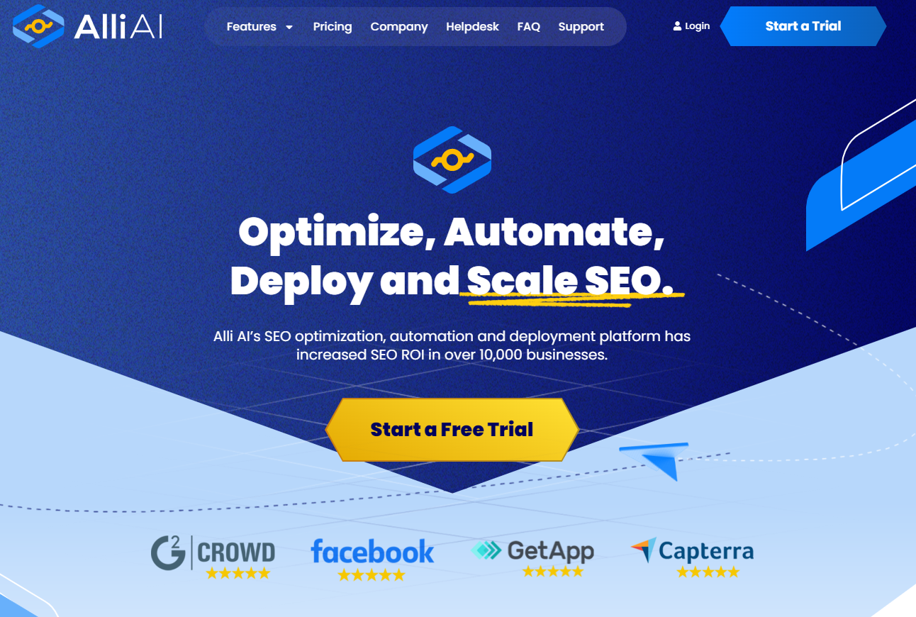 Various shades of blue and yellow create a striking homescreen. The words 'optimize, automate, deploy and scale SEO' are front and centre in white text