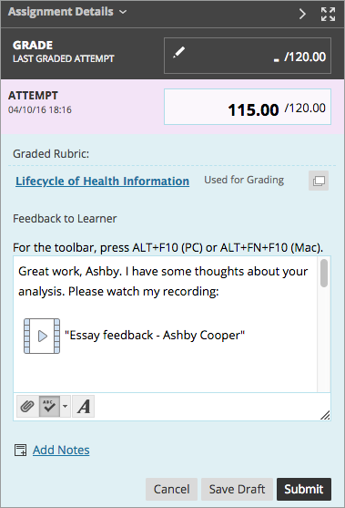 Image showing how feedback appears to instructor