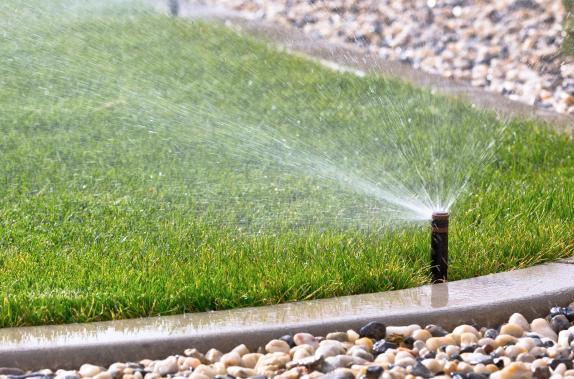 sprinkler spraying water on a very green lawn