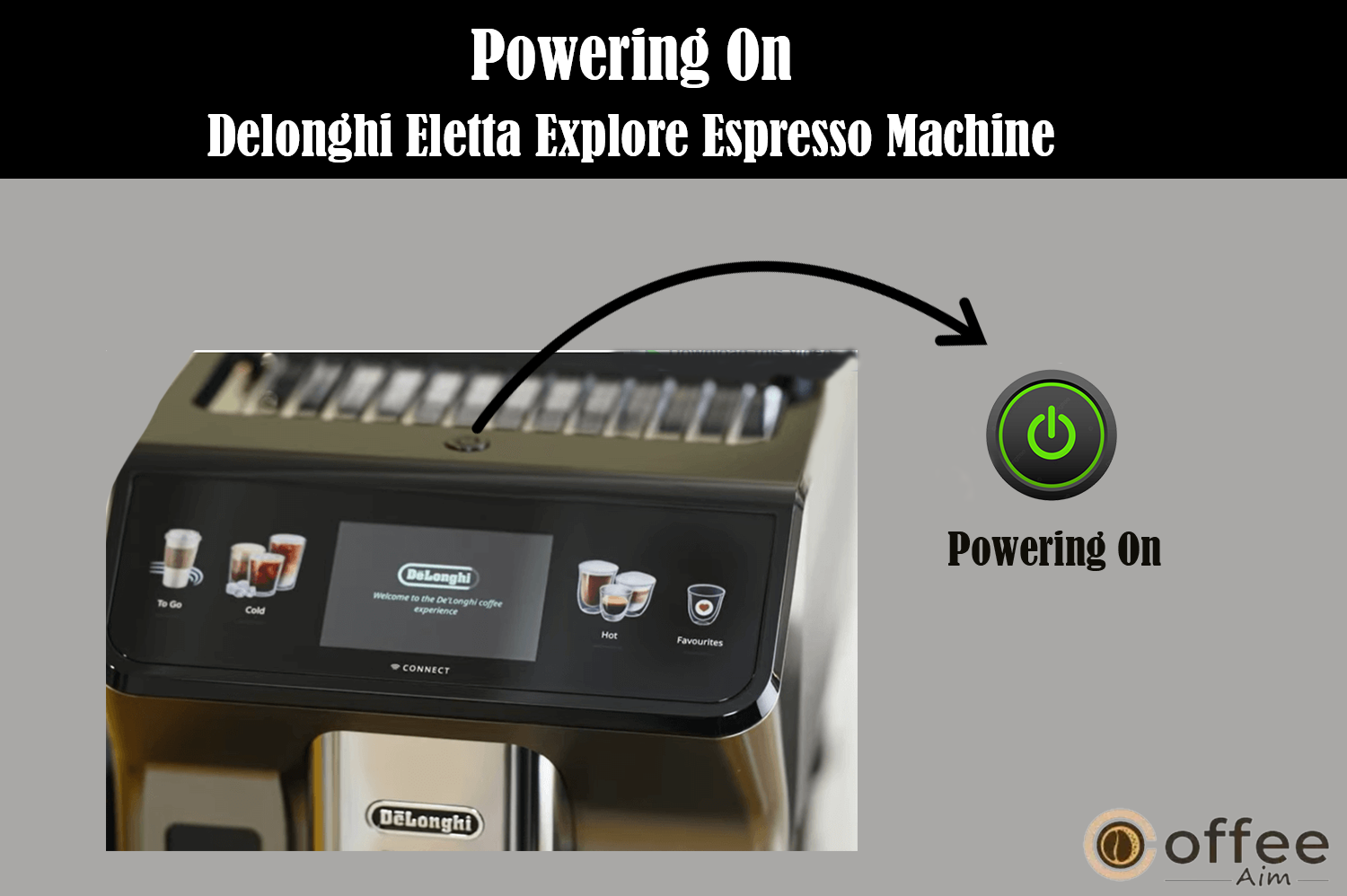 This image demonstrates how to power on the De'Longhi Eletta Explore Espresso Machine, as featured in the article 'How to Use the De'Longhi Eletta Explore Espresso Machine'."