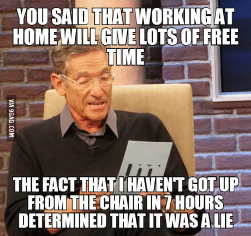 work from home meme - You said that working at home will give lots of free time. The fact that I havent got up from the chair in 7 hours determined that it was a lie. 