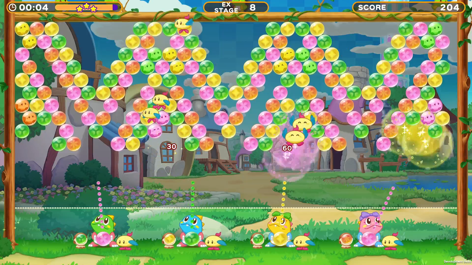 Four player mode shown, with four adorable dragons battling it out and lots of colourful bubbles!
