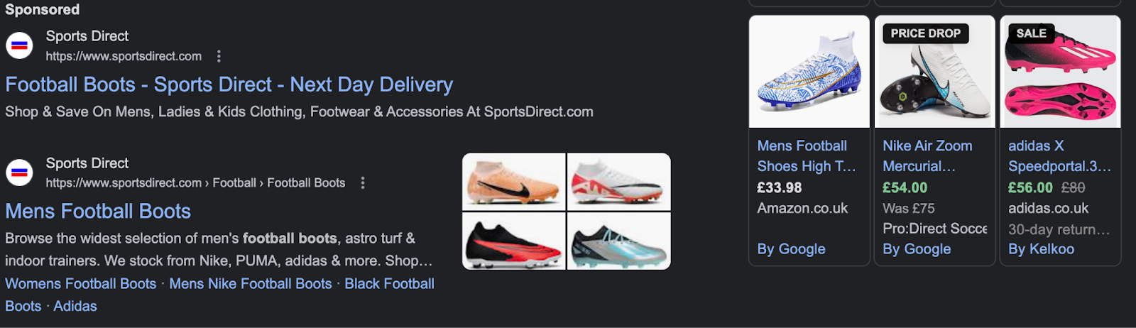Screenshot of a sponsored and organic listing from Sports Direct in the Google search results. 