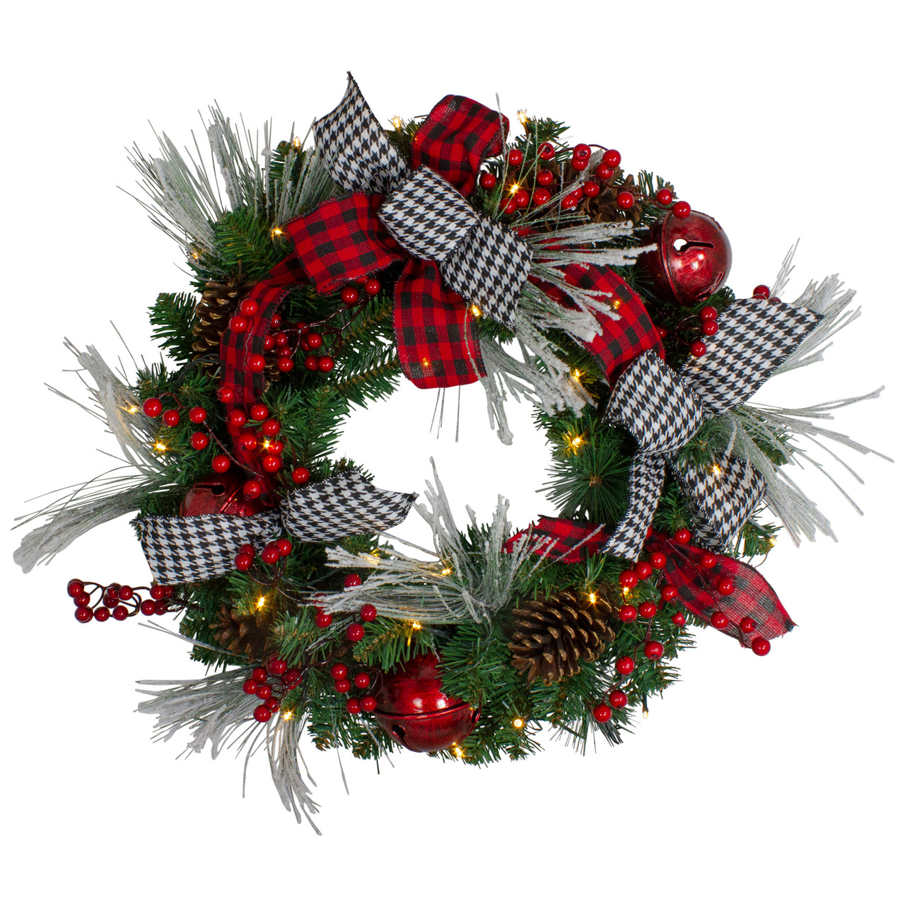 pre lit plaid and houndstooth decorated wreath