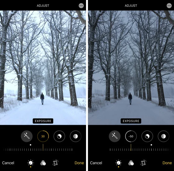 Zwei Screenshots von verschneiten Wäldern, die zeigen, wie man die Belichtung des Bildes einstellt.