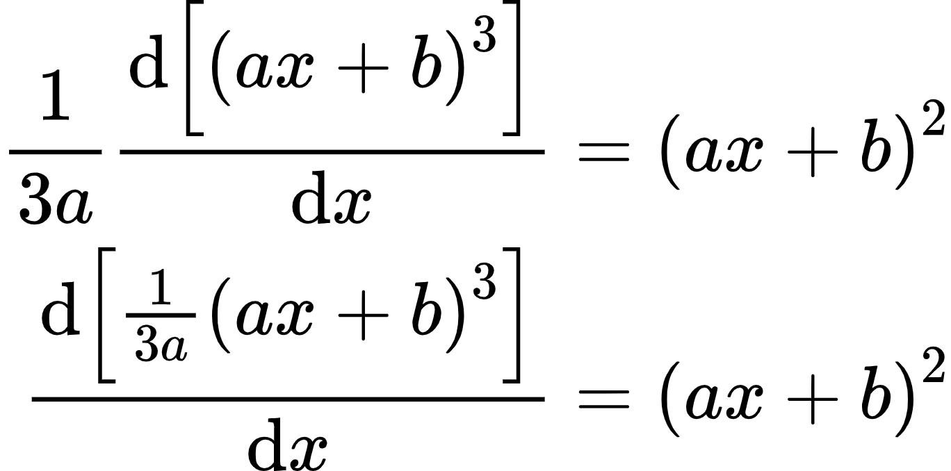 {"code":"\\begin{align*}\n{\\frac{1}{3a}\\diff{\\left[\\left(ax+b\\right)^{3}\\right]}{x}}&={\\left(ax+b\\right)^{2}}\\\\\n{\\diff{\\left[\\frac{1}{3a}\\left(ax+b\\right)^{3}\\right]}{x}}&={\\left(ax+b\\right)^{2}}\t\n\\end{align*}","id":"3-1-1-1","font":{"color":"#000000","size":11,"family":"Arial"},"type":"align*","ts":1599986724726,"cs":"NtBqQ/CpKkaJ39LgW6v1sg==","size":{"width":228,"height":112}}