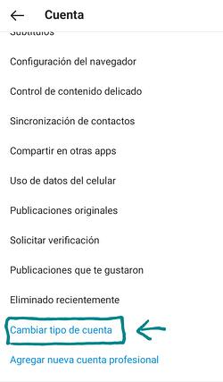 Seleccionar "Cambiar tipo de cuenta" en Instagram