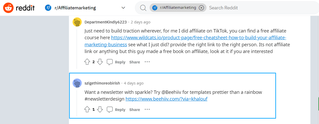 Example of affiliate link placement in a community post.