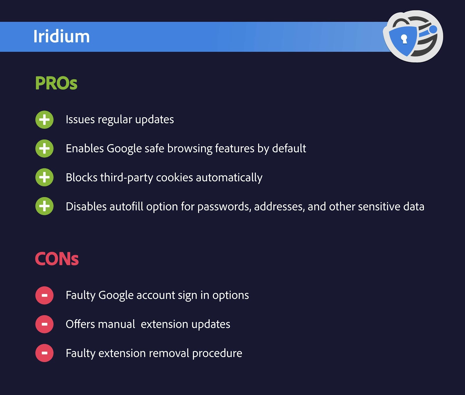 pros cons iridium browser