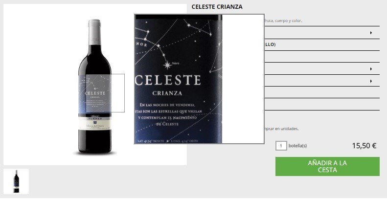 Captura de pantalla de la descripción de un producto online (vino) para mostrar el uso del zoom en las imágenes de un producto.