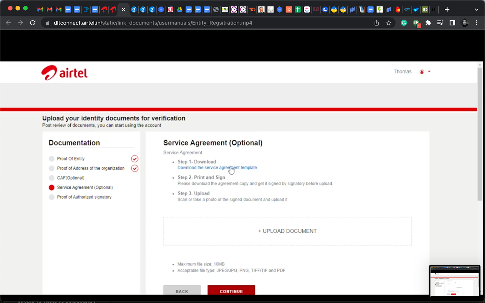 a picture of required documents being uploaded during an enterprise Airtel DLT registration | SMScountry