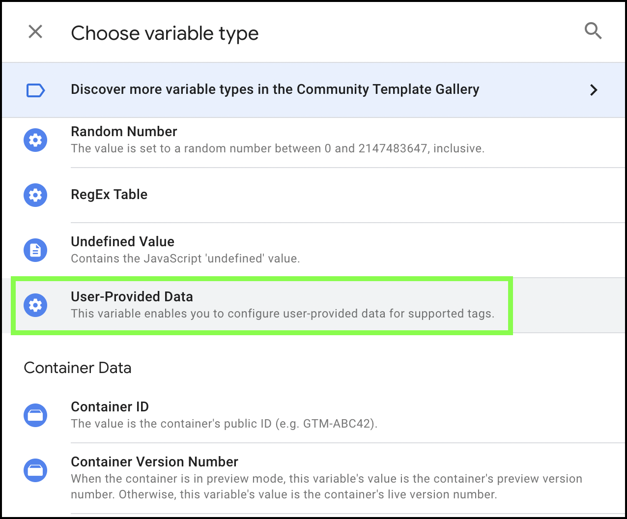 Screenshot of Google Tag Manager (GTM) UI showing where you can select your variable type when enabling enhanced conversions.