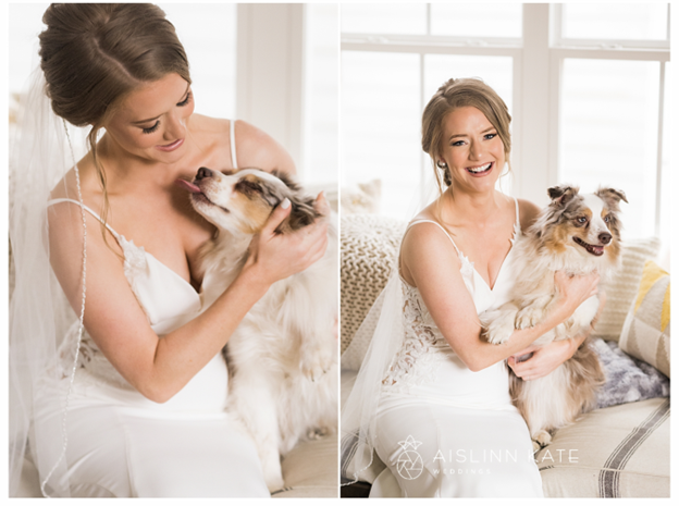 Bride with cute baby dog while getting ready for Wedding Day