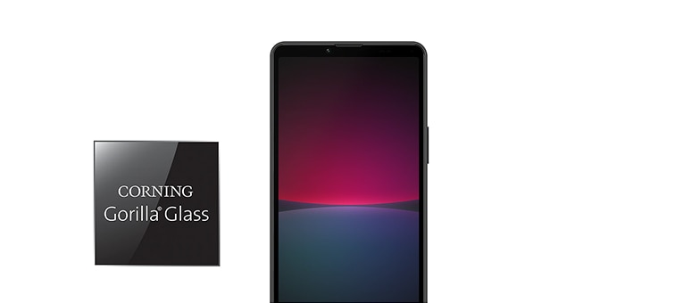 Front-facing Xperia 10 IV in black, alongside the logo for Corning® Gorilla® Glass