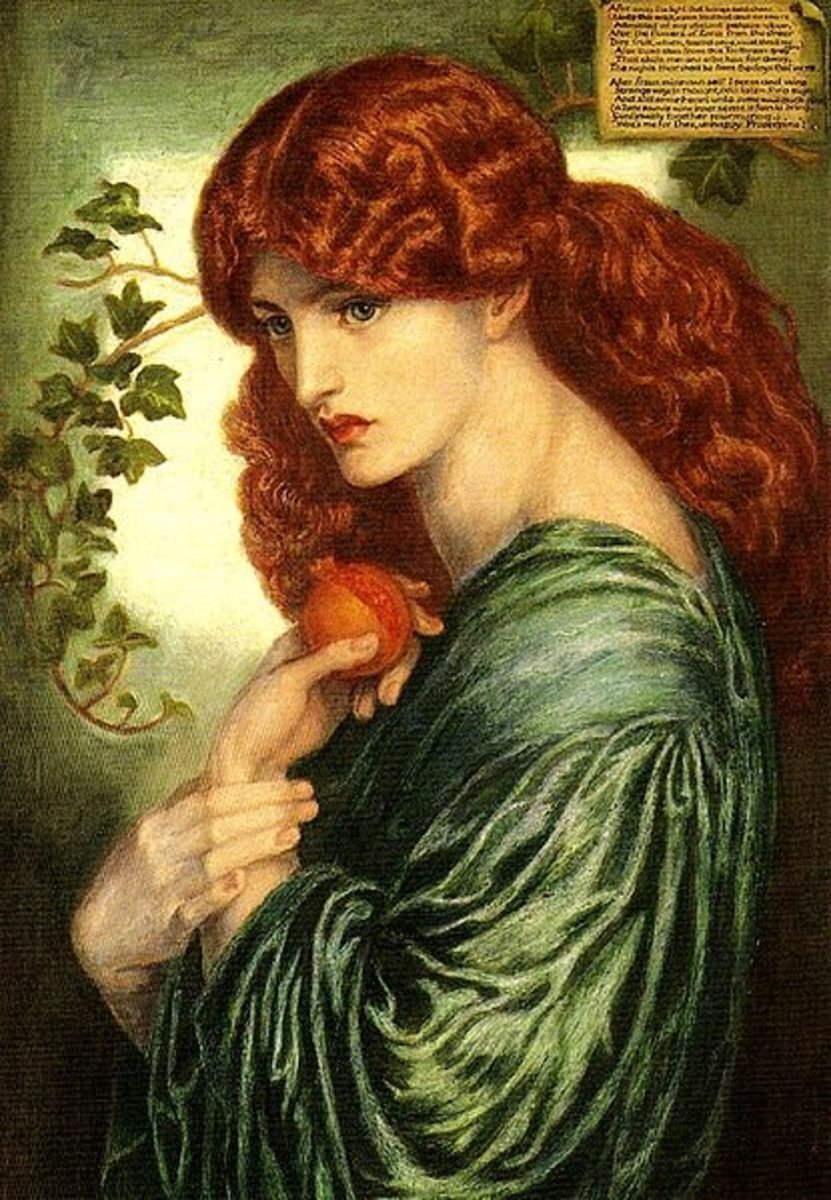 Persephone carries a pomegranate while wearing a green silk dress as her red hair flows behind her. 