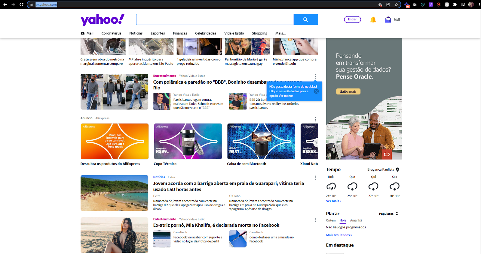 Homepage do site do Yahoo funcionando