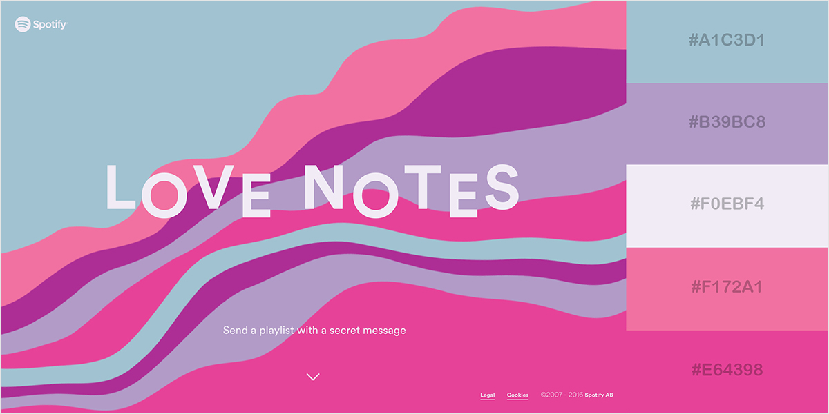 A landing page for Spotify's Valentine's Day campaign with each color used and their HEX codes on the side