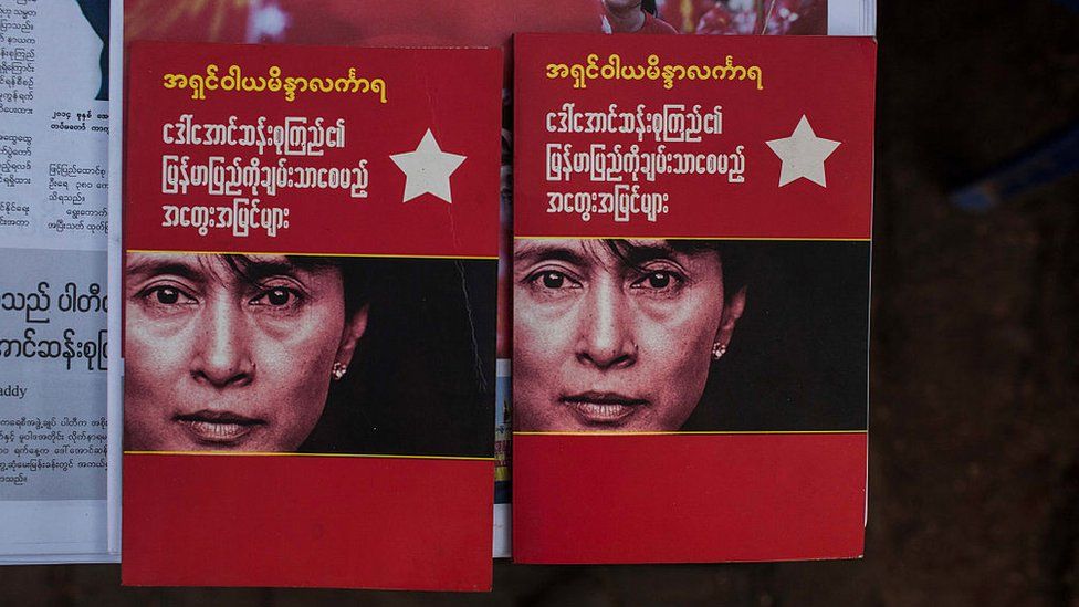 Booklets bearing Aung San Suu Kyi`s face in Myanmar after her party swept to victory in November 2015`s election