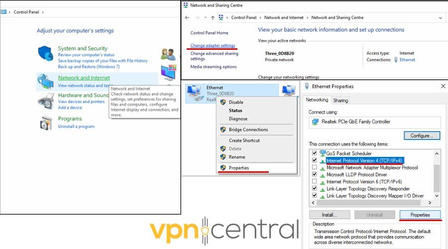 Windows adapter settings