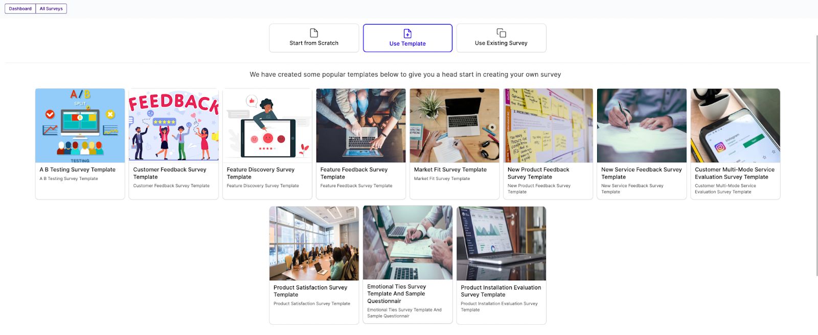 Craft your survey effortlessly with Chisel's three simple options: 'Start from Scratch,' 'Use Template,' or 'Use Existing Survey.