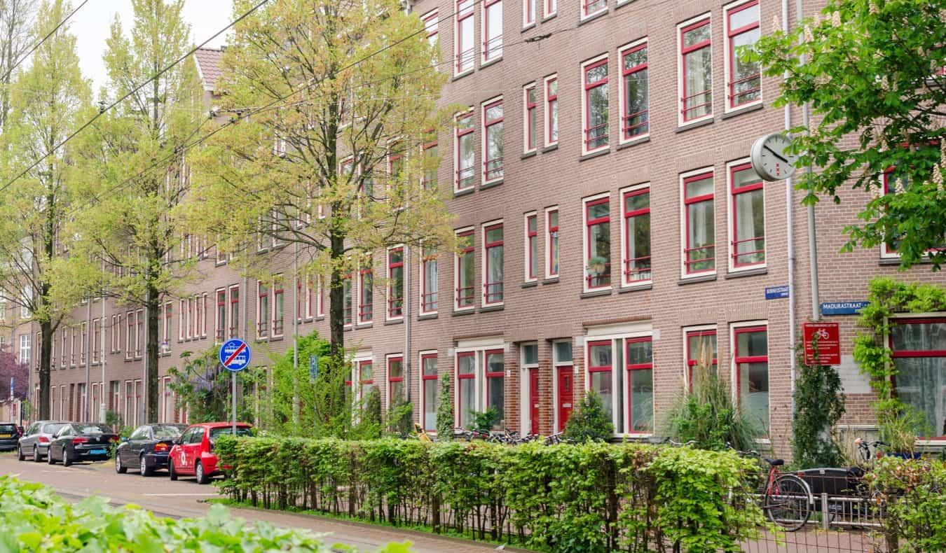 An apartment building on a quiet residential street in Oost, Amsterdam, Netherlands