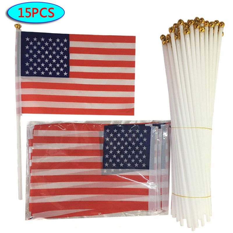 USA Flags American US Hand Held Mini USA Stick Flag Pole 8.3 x 11.8 inch 15 PCs
