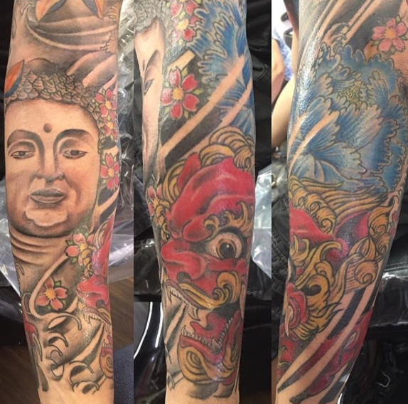 Buddha And Evil Tattoo On sleeve