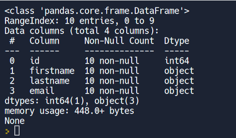 The following image shows the output of the info() function to the information about the DataFrame: