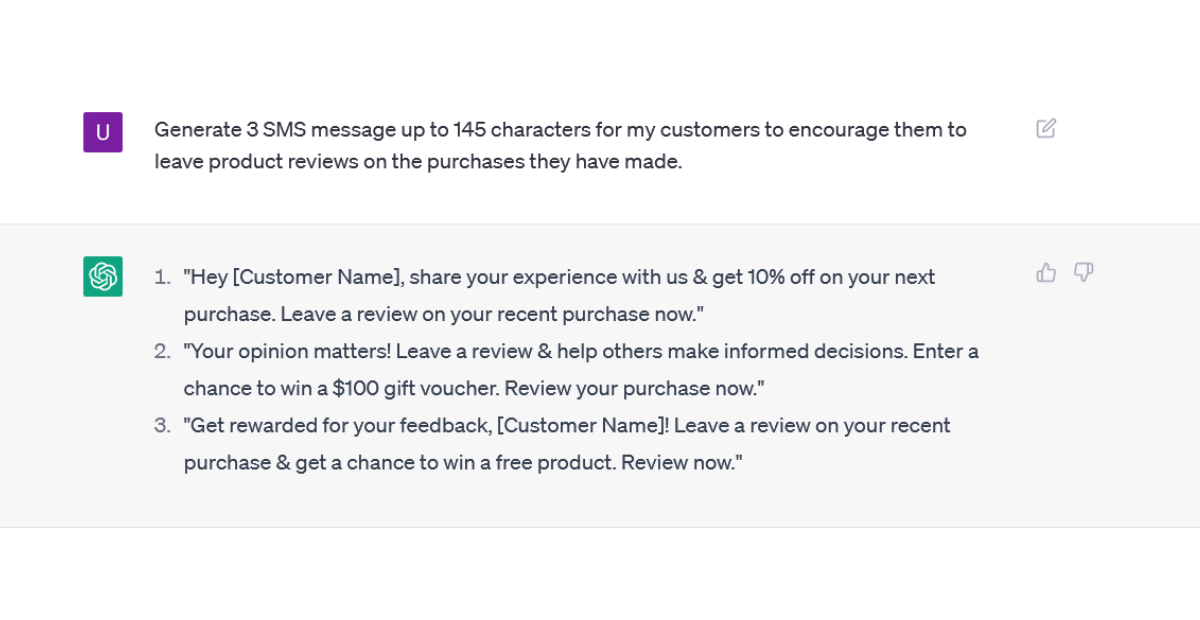 chatgpt prompt and response for sms encouraging customers to leave reviews