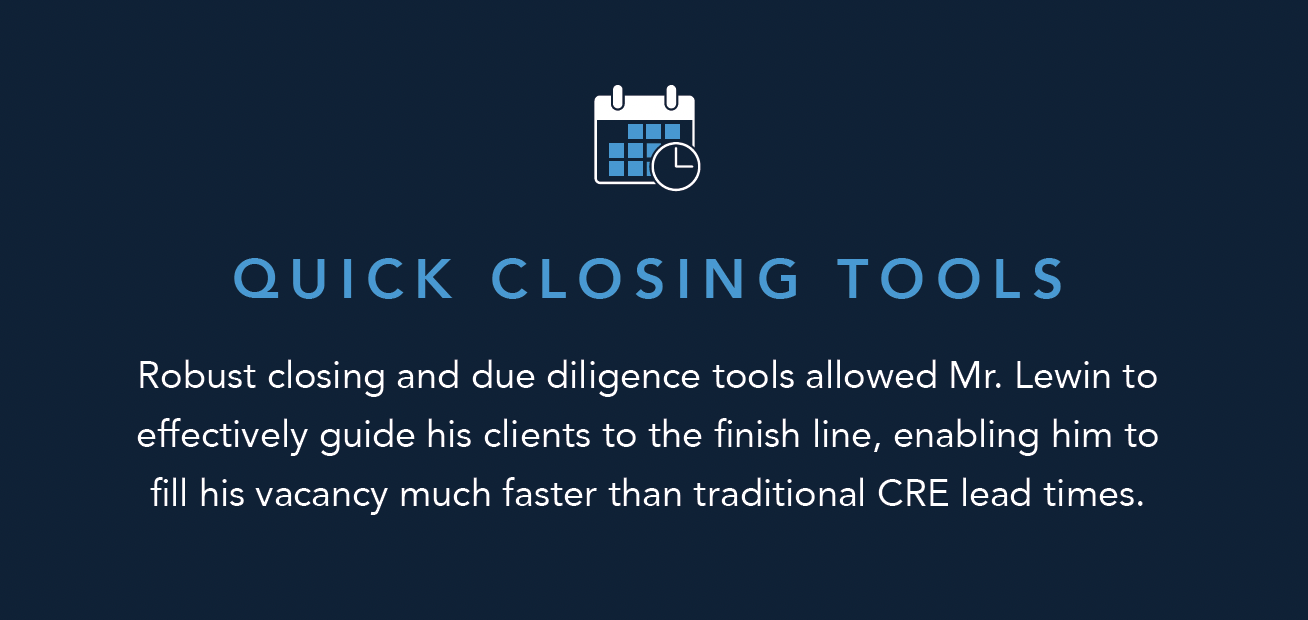 Quick Closing Tools: Robust closing and due diligence tools allowed Mr. Lewin to effectively guide his clients to the finish line, enabling him to fill his vacancy much faster than traditional CRE lead times.  