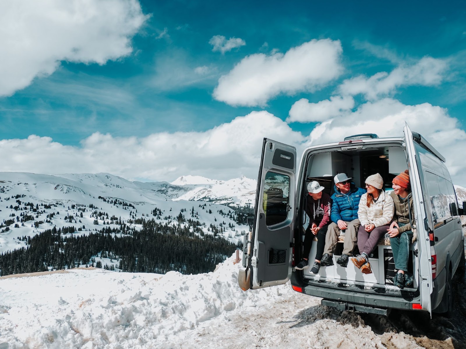 Family ski trip in a campervan