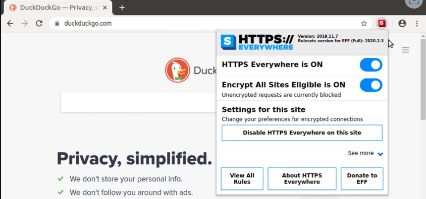 Screenshot of DuckDuckGo browser with HTTPS Everywhere extension switched on