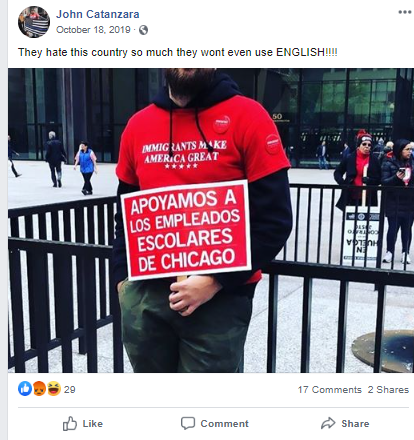 Facebook post by Catanzara with image of protester