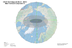 Magnetic East Component at 2020.0 from the World Magnetic Model Arctic Projection